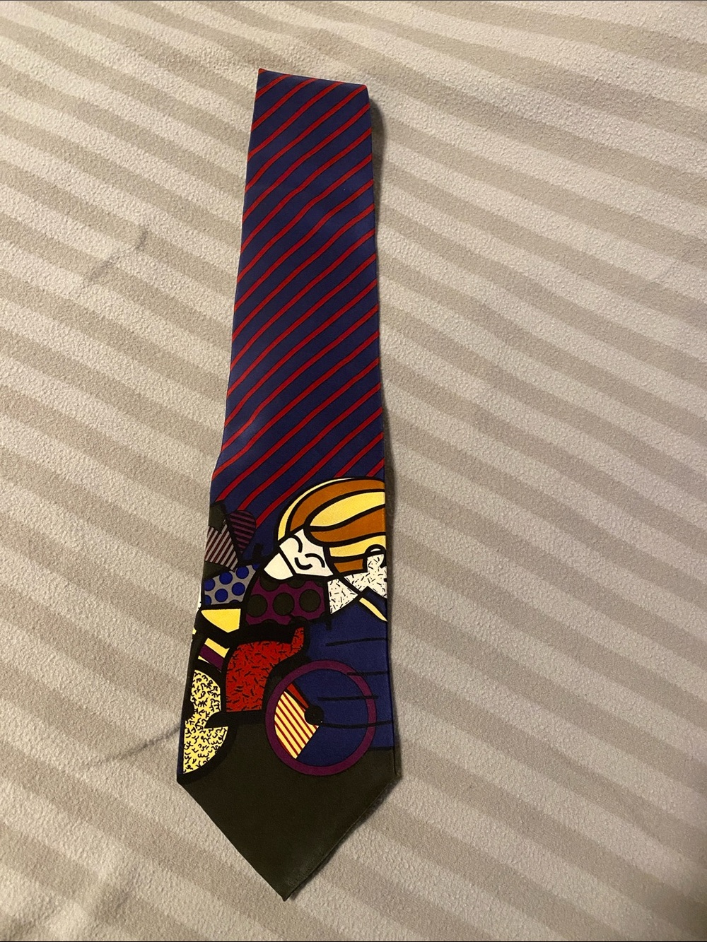 Navy and Red Striped Tie with Multicolor Pop Art Accent